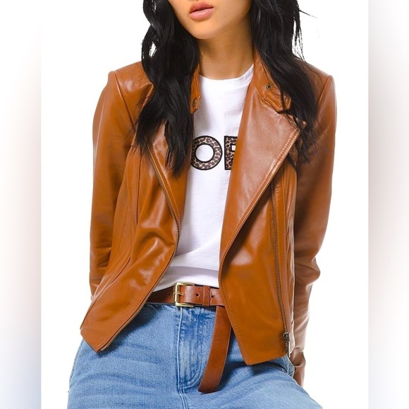 Michael Kors Jackets & Blazers - Michael Kors - Brown Leather Asymmetrical Zip Lined Long Sleeve Moto Jacket Med